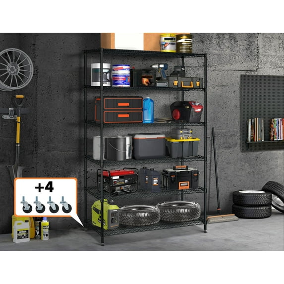 YRLLENSDAN 6000LBS Capacity Garage Shelves and Storage on Wheels, Heavy Duty 6 Tier Metal Shelves with Wheels for Garage Adjustable Wire Shelving Unit Rack for Kitchen, Black