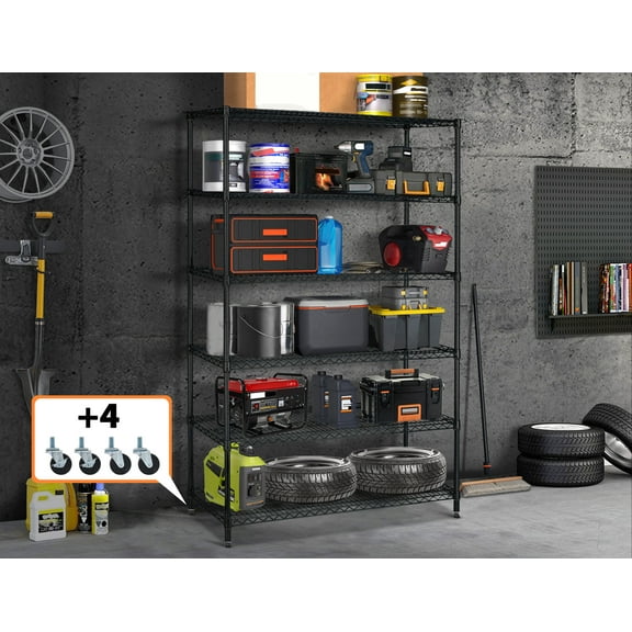 YRLLENSDAN 6000LBS Capacity Garage Shelves and Storage on Wheels, Heavy Duty 6 Tier Metal Shelves with Wheels for Garage Adjustable Wire Shelving Unit Rack for Kitchen, Black