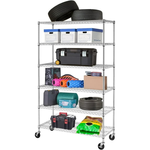 YRLLENSDAN 6000LBS Capacity Garage Shelves and Storage on Wheels, Heavy Duty 6 Tier Metal Shelves with Wheels for Garage Adjustable Wire Shelving Unit Rack for Kitchen, Chrome