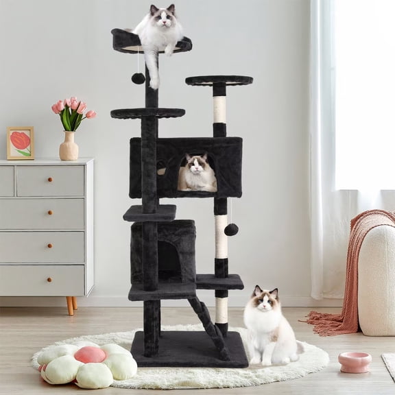 YRLLENSDAN 70in Cat Trees Cute Cat Tower Cat Condo Multi-Level with Sisal-Covered Scratching Posts, Condo, Plush Balls, Climbing Ladder, Extended Platform and Wall Anchor Strap, Dark Grey