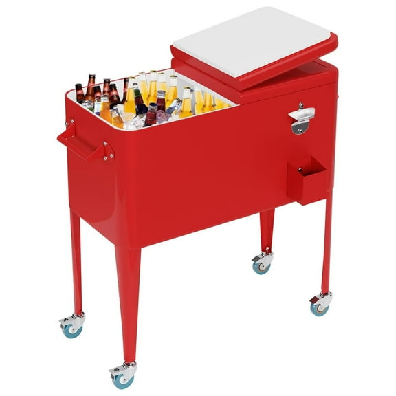YRLLENSDAN,80 Quart,Coolers with Wheels,Rolling Ice Chest Cooler Cart,Hard Cooler,with Handle and Corkscrew,Portable,Suitable for Indoor and Outdoor Use,Red