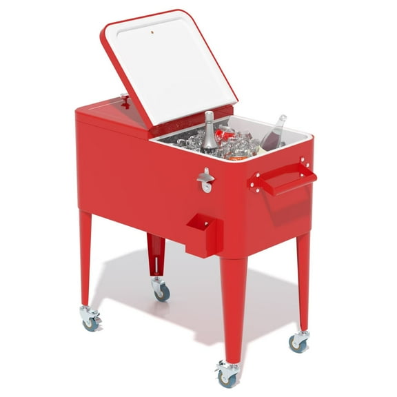 YRLLENSDAN 80 Quart Outdoor Coolers Cart, Rolling Ice Chest Cooler Cart with Wheels, Standing Party Beverage Coolers with Handles and Drain, for Patio, Camping, Picnic, Backyard, Red