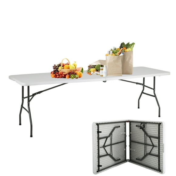 YRLLENSDAN 8FT Folding Table, White Folding Table Folding Banquet Table Collapsible Table Portable Folding Tables for Outside Folding Plastic Table with Carrying Handle for Camping Picnic