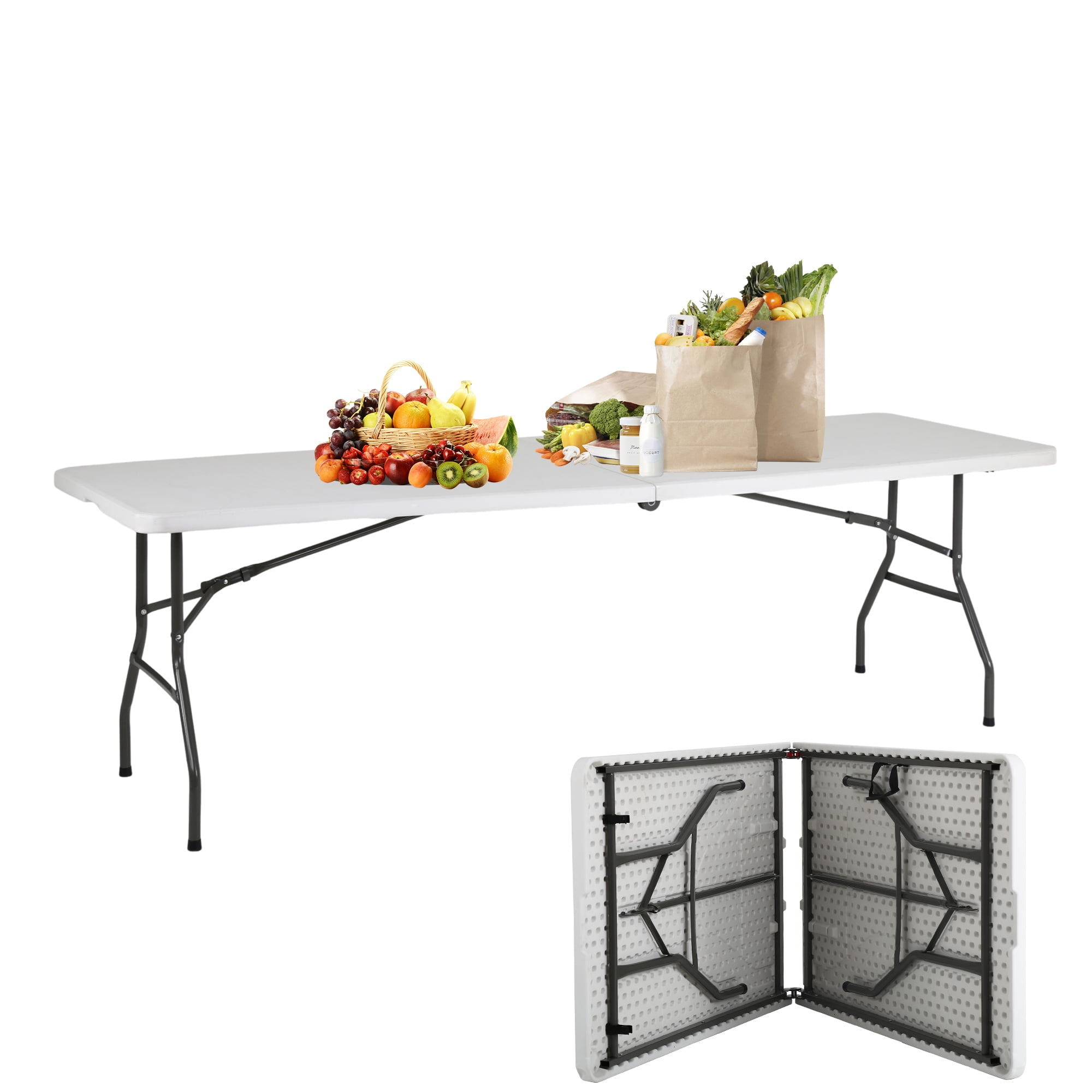 8ft White Folding Plastic Table with Steel Legs and Handle