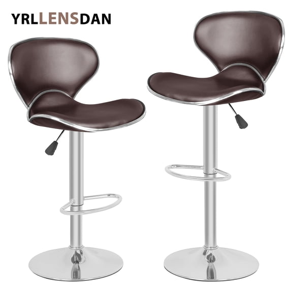 YRLLENSDAN Adjustable Bar Stools Set of 2 with Back and Footrest Comfy Curved Bar Chairs Set of 2 Kitchen Island Chairs with Metal Base Leather Upholstered Swivel Counter Height Stools,Brown