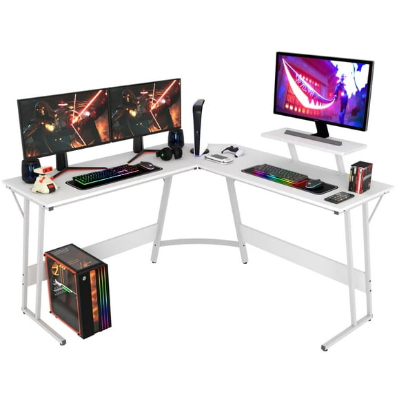 YRLLENSDAN Adjustable Feet L Shaped Gaming Desk with Monitor Stand, White