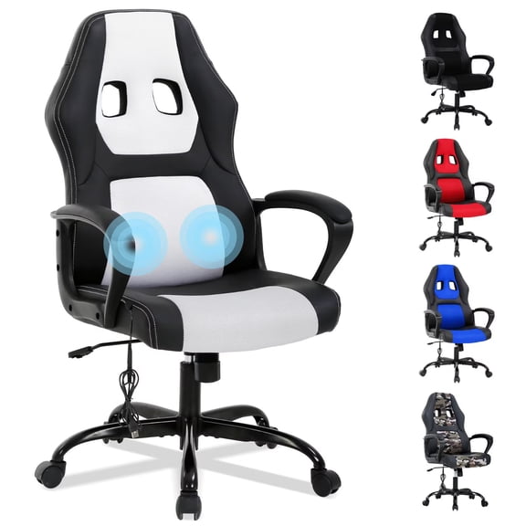 YRLLENSDAN Adjustable Gaming Chair Ergonomic Leather with Massager, Rolling Home Office Desk Chairs With Armrest and Lumber Support, Comfortable Computer Chair with Wheels for Adults, White