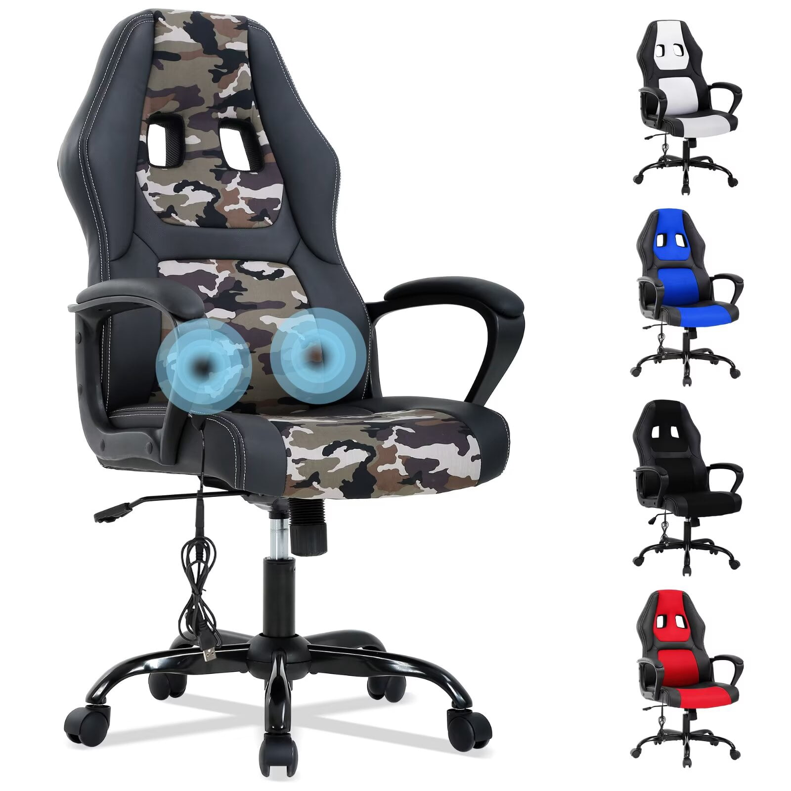 YRLLENSDAN Adjustable Gaming Chair Ergonomic Leather with Massager, Rolling Home Office Desk Chairs With Armrest and Lumber Support, Comfortable Computer Chair with Wheels for Adults, CAMO