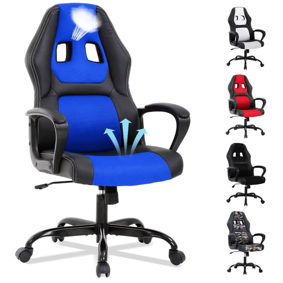 YRLLENSDAN Adjustable Gaming Chair Ergonomic Leather, Rolling Home Office Desk Chairs With Armrest and Lumber Support, Comfortable Computer Chair with Wheels for Adults, Blue