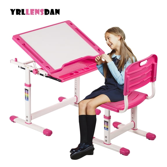 YRLLENSDAN Adjustable Height Study Table and Chairs for Kids 4-10 Years Old, School Student Desk and Chair Set for Children Homework, Reading Writing Drawing Desk for Kids Ages 4-10, Pink