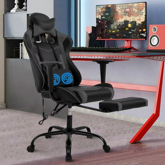YRLLENSDAN Adjustable Office Chair with Lumbar Support, Reclining Gaming Chair with Massager, Ergonomic High Back Computer Chair with Footrest and Lumbar Support, Grey