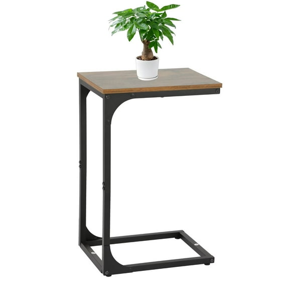 YRLLENSDAN C Shaped End Table, Small Metal Side Table Slide Under Couch, Bed Table with Adjustable Feet for Small Space, Living Room, Bedroom, Bedside, Brown