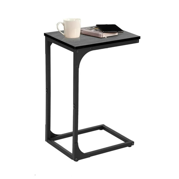 YRLLENSDAN C Shaped End Table, Small Wood Side Table for Small Spaces, Couch Table with Metal Frame and Adjustable Feet, Black