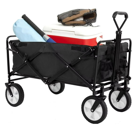 YRLLENSDAN Collapsible Folding Wagon, Garden Cart Folding Grocery Wagon All-Terrain Wheels Garden Grocery Wagon with Adjustable Handle & 2 Cup Holders, Black