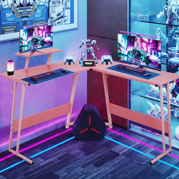 YRLLENSDAN L-Shaped Gaming Desk for Adults Ergonomically Designed with Monitor Stand Computer Desk, Pink