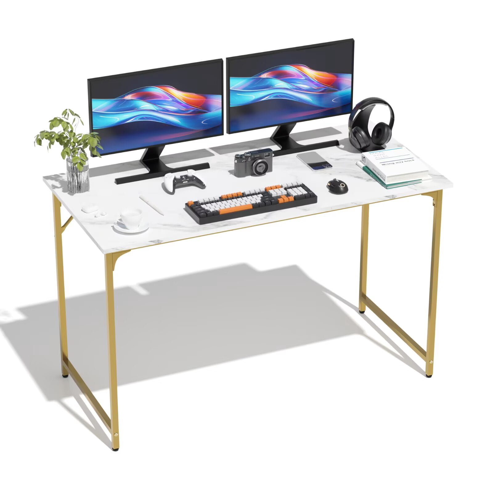 YRLLENSDAN Computer Desk with Metal Frame, Office Desk for Home Office, Modern Simple Style writing Desk, 47 Inchs, Adjustable Feet, (Gold)