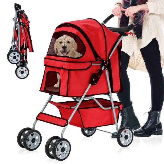 YRLLENSDAN Dog Stroller Cat Stroller Pet Strollers for Small Medium Dogs Foldable Travel Dog Cart 4 Wheels Waterproof, Red