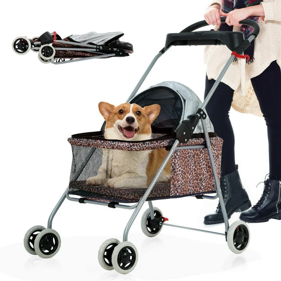 YRLLENSDAN Dog Stroller for Small Dogs 35 lbs Cat Stroller Pet Strollers Waterproof Portable Travel Cat Dog Stroller with Cup Holder, Leopard Skin