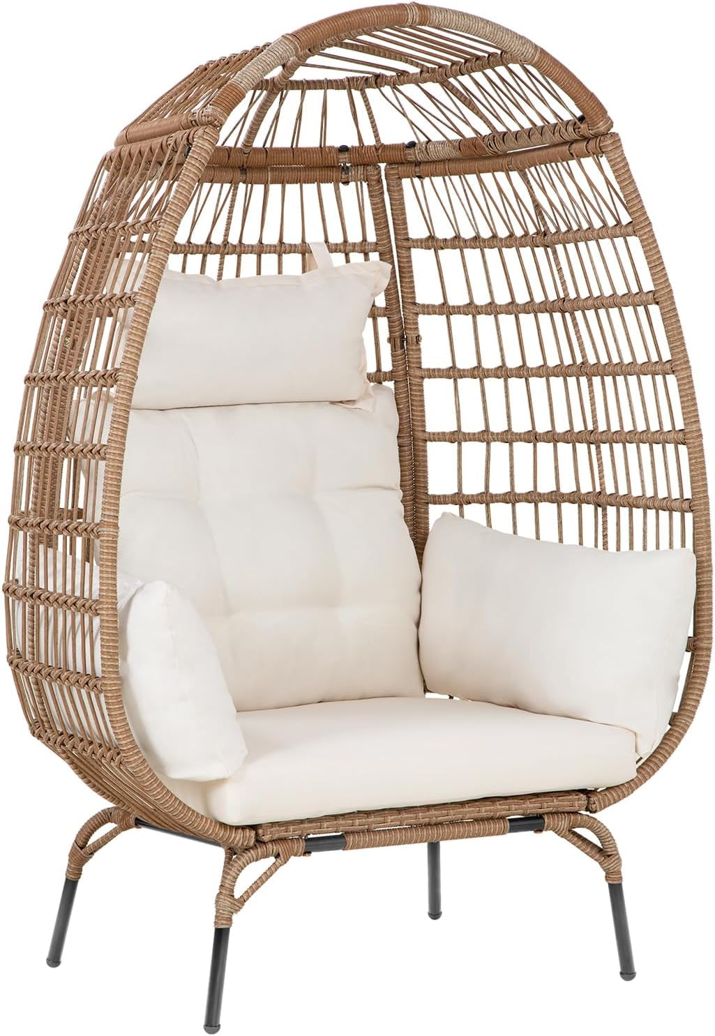 YRLLENSDAN Egg Chair Indoor Outdoor Egg Basket Lounge Chair Rattan Chair Steel Frame Oversized Indoor Outdoor Lounger with 4 Comfort Cushion and Stand,352lb Capacity for Patio Garden Living Room，White