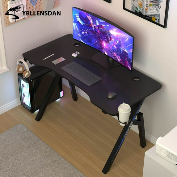 YRLLENSDAN Ergonomic Gaming Desk Table with Cable Management and Hook, Large Computer Desk Table for Gaming, PC Gamer Desk with R-Shaped Steel Base, Blue 47 Inch