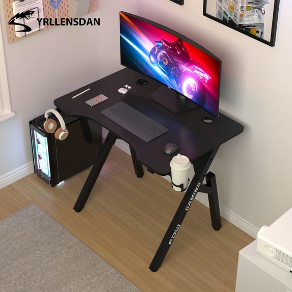 YRLLENSDAN Ergonomic Gaming Table with Cable Management and Hook, 35 Inch Small Gaming Computer Table Desk for Small Spaces, PC Gamer Desk with R-Shaped Steel Leg, Small Work Table, Black and Blue