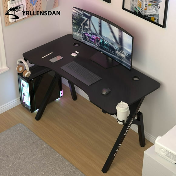 YRLLENSDAN Ergonomic Gaming Table with Cable Management and Hook, 47 Inch Large Gaming Computer Desk Table, PC Gamer Desk with R-Shaped Steel Leg, Work Table for Home Office, Black and Red
