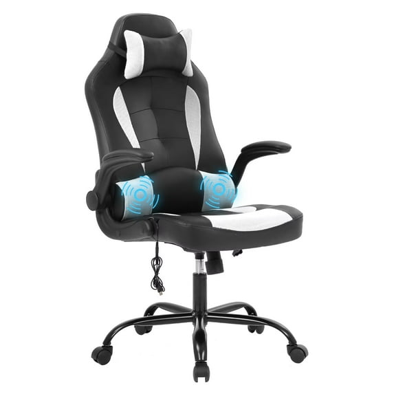 YRLLENSDAN Ergonomic Racing Gaming Chair with Lumbar Support, Adjustable Leather Office Chair with Massager, Comfy Computer Chair with Flip up Arms for Adults, whITE