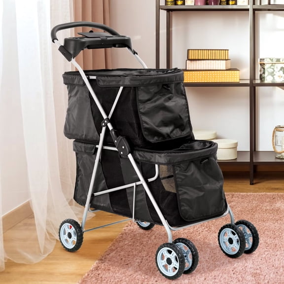 YRLLENSDAN Foldable Dog Stroller all Terrain Pet Stroller Lightweight Waterproof Double Cat Stroller with 2 Cup Holders 4 Lockable Wheels for 2 Small to Medium Pets, Black