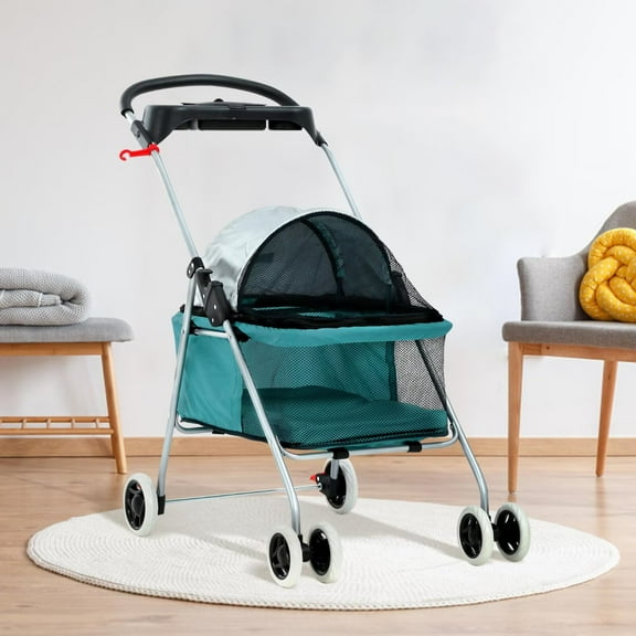 YRLLENSDAN Foldable Pet Stroller with Cup Holder for Small/Medium Pets up to 33 lbs, 4 Wheels all Terrain Dog and Cat stroller with Breathable and Visible Mesh, Teal