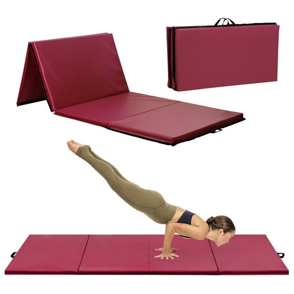 YRLLENSDAN Foldable Yoga Mat Thick, 4"x8"x2" Portable Leather Exercise Mat, Gymnastics Mats with Carrying Handles for Home Gym Yoga Pilates Tumbling MMA Core Training, Burgundy