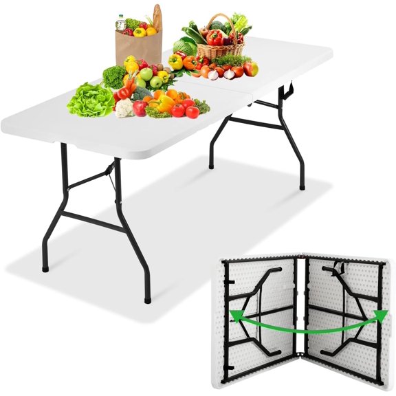 YRLLENSDAN Folding Table, 6ft Foldable Plastic Card Table Portable with Carrying Handle for Indoor, Outdoor, Party, Dining, Wedding, Events, Picnic, Camping, White