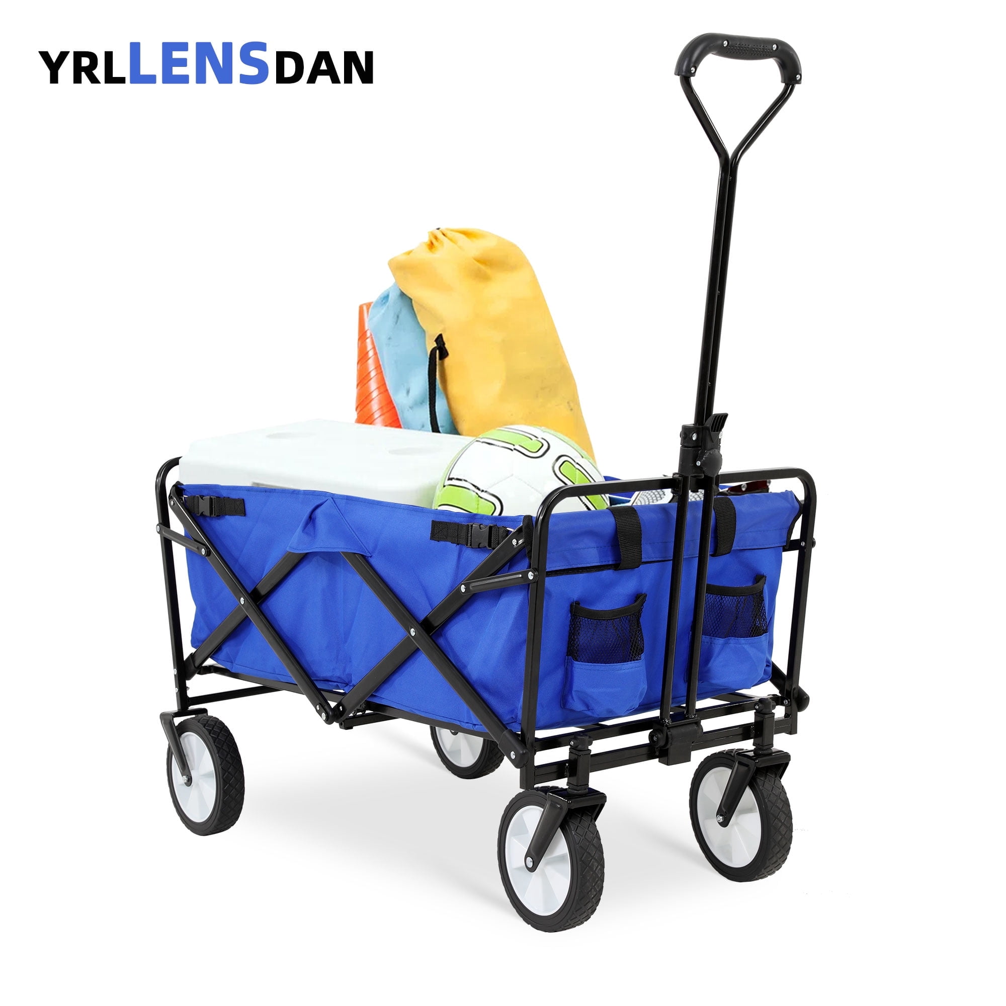 YRLLENSDAN Folding Wagons and Carts, Collapsible Wagon, Grocery Wagon with Wheels, Portable Wagon Outdoor, All-Terrain Utility Wagon for Camping Beach Sports, 200lb Heavy Duty Wagon, Blue
