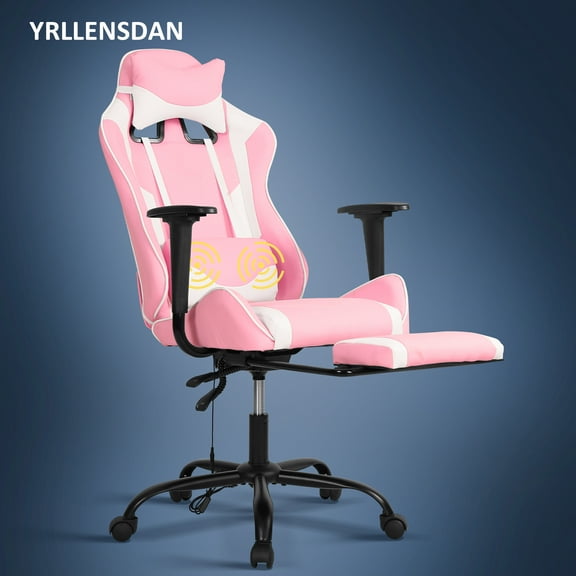 YRLLENSDAN Gaming Chair with Footrest & Adjustable Headrest for Adults and Kids, Big and Tall Gamer Chair with Lumbar Massage, Computer Chair Height Adjustable PU Leather Office Chair,Pink