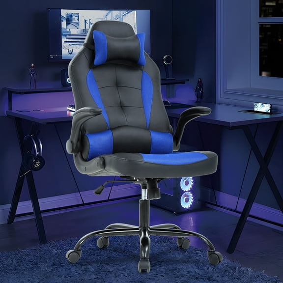 YRLLENSDAN Gaming Chair Video Game for Adults, Leather High Back Computer Chair with Flip-up Arms/Lumbar Support/Headrest Adjustable Desk Chairs for Computer, Women Men