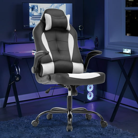 YRLLENSDAN Gaming Chair Video Game for Adults, Leather High Back Computer Chair with Flip-up Arms/Lumbar Support/Headrest Adjustable White Desk Chairs for Computer, Women Men