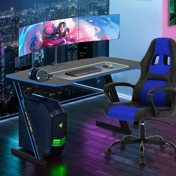 YRLLENSDAN Gaming Collection Z-Shaped Desk with Headphone Hook and Adjustable Feet, Blue