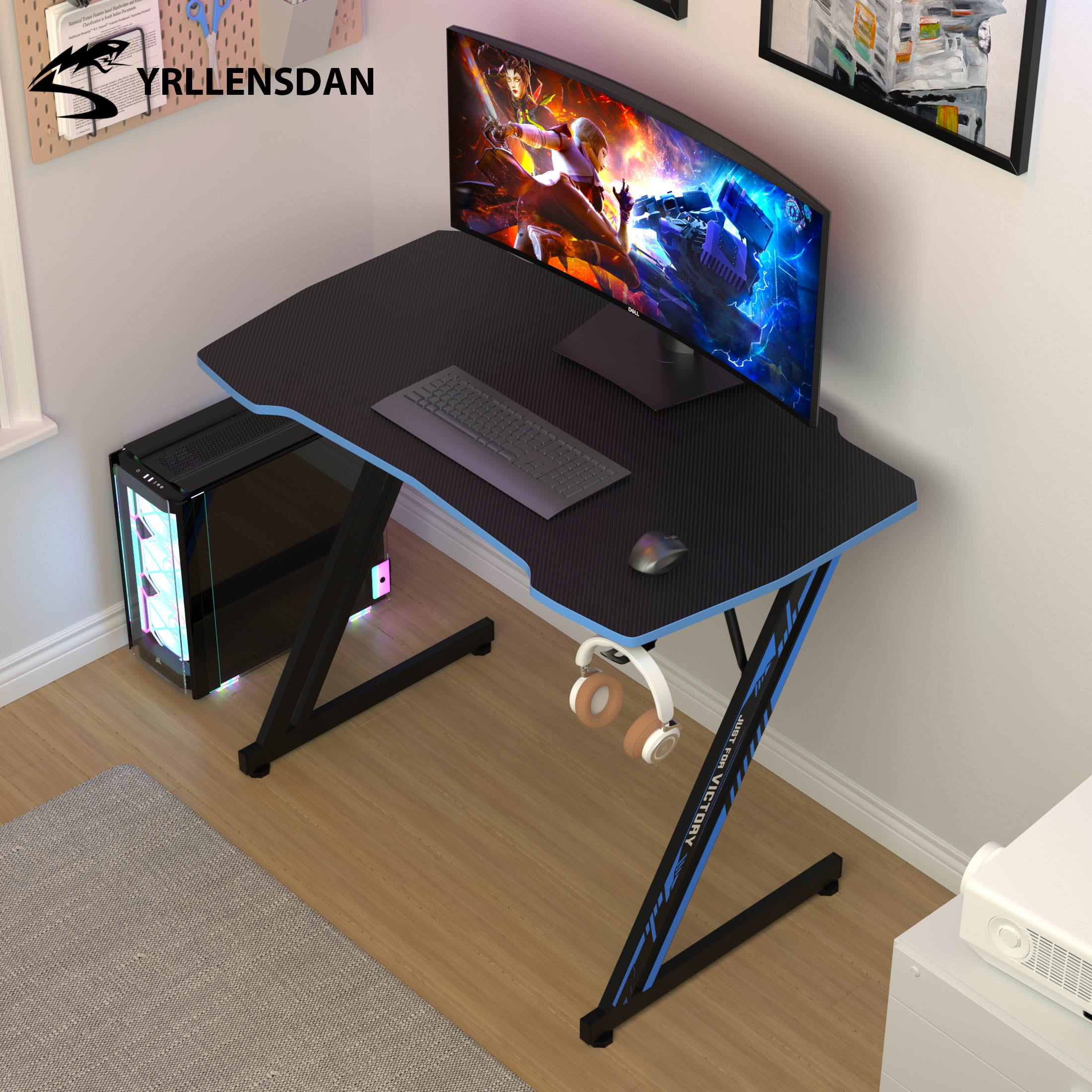 YRLLENSDAN Gaming Table with Headphone Hook, 40 inch Gaming Computer Desk for Small Spaces, PC Gamer Desk Table for Home Office, Computer Workstation with Z-Shaped Steel Leg, Black and Blue