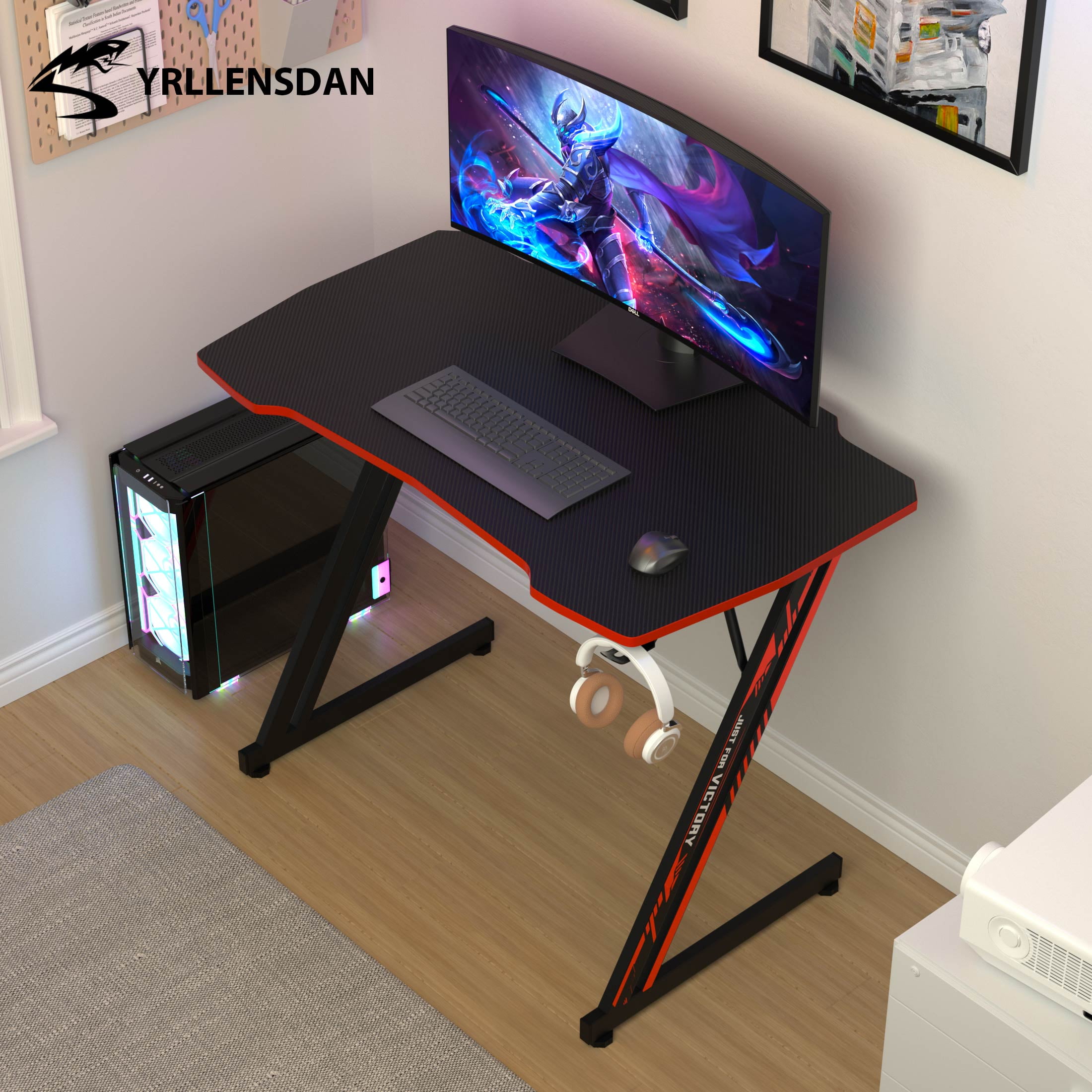 YRLLENSDAN Gaming Table with Headphone Hook, 40 inch Gaming Computer Desk for Small Spaces, PC Gamer Desk Table for Home Office, Computer Workstation with Z-Shaped Steel Leg, Black and Red