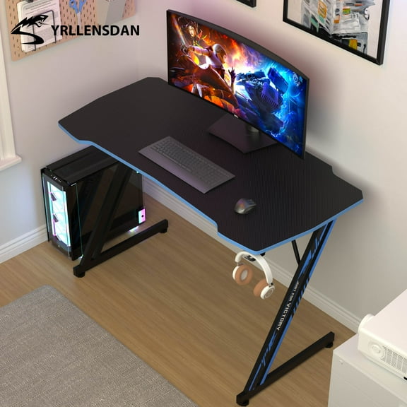 YRLLENSDAN Gaming Table with Headphone Hook, 47 inch Large Gaming Computer Desk Table, PC Gamer Table for Home Office, Computer Workstation with Z-Shaped Steel Leg, Black and Blue