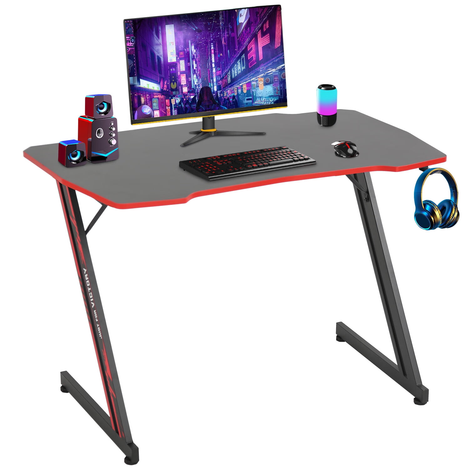 YRLLENSDAN Gaming Desk Z Shaped 39in Computer Gaming Workstation Ergonomic Gaming  Table with Headphone Hook for Game Players, Red 