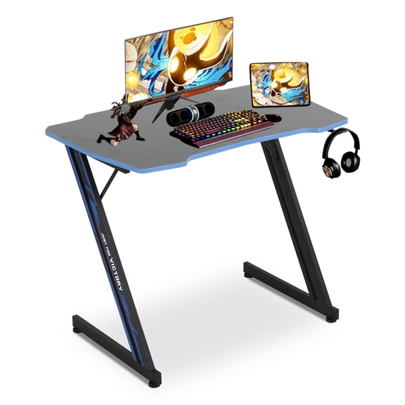 YRLLENSDAN Gaming Desk Z Shaped 48 inch Gaming Workstation Ergonomic Gaming Table PC Computer Desk with Headphone Hook, Blue