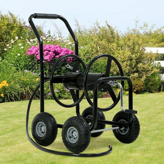 YRLLENSDAN Garden Water Hose Reel Cart Tools with Wheels Garden Lawn Water Truck Water Planting Cart Heavy Duty Outdoor Yard Water Planting Holds 300-Feet of 5/8-Inch Hose with Storage Basket (Black)