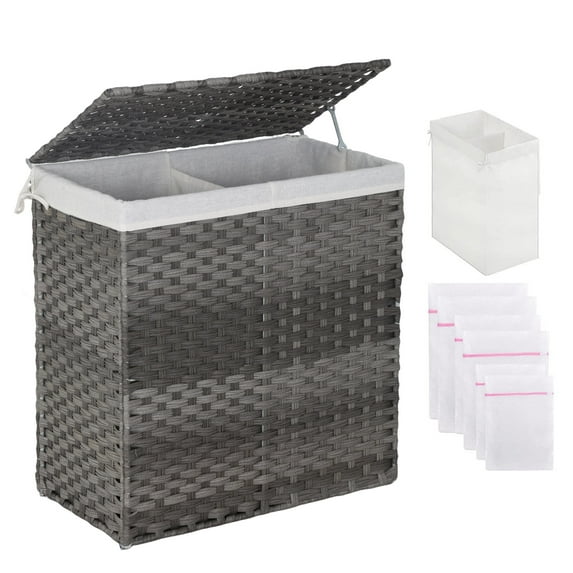 YRLLENSDAN Handwoven Laundry Hamper, Laundry Basket 90L/110L Foldable Rattan Laundry Hamper with Lid, Handles, 2 Removable Liner Bags & 6 Laundry Bags