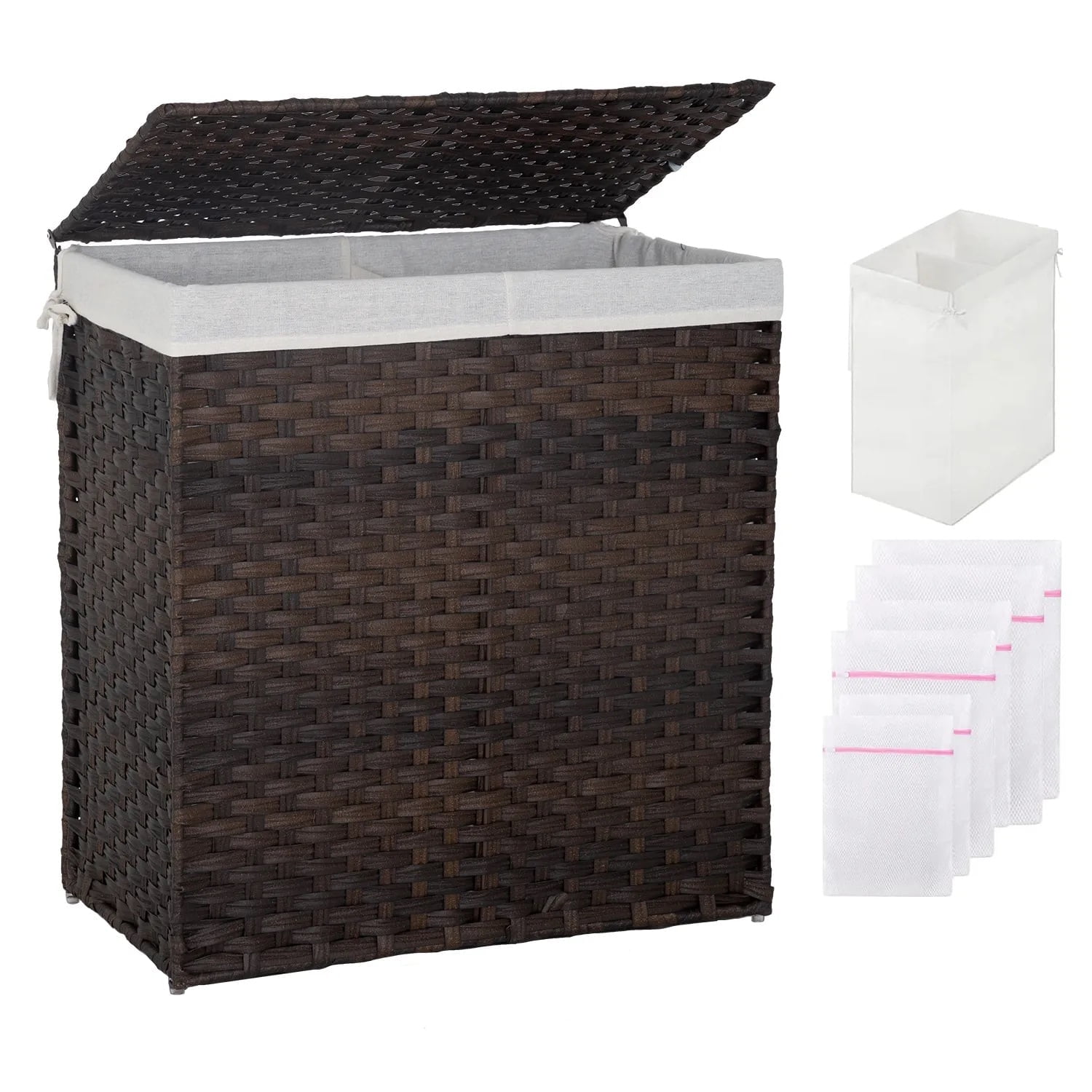 Dark Brown Rectangular Wicker Laundry Hamper with Lid