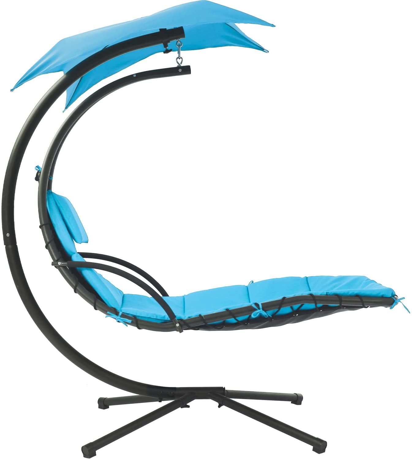 YRLLENSDAN Hanging Curved Chaise Lounge Chair Swing, Outdoor Lounge Swing with Canopy Floating Hammock Swing Patio w/ Built-in Pillow for Beach Backyard, Blue - image 1 of 7