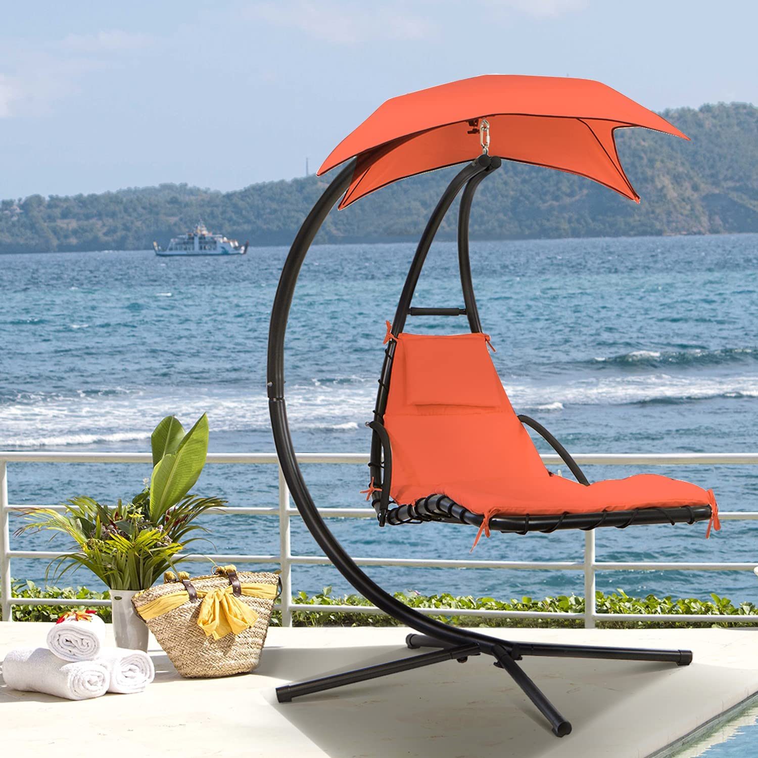 YRLLENSDAN Hanging Curved Chaise Lounge Chair Swing, Outdoor Lounge Swing with Canopy Floating Hammock Swing Patio w/ Built-in Pillow for Beach Backyard, Orange - image 1 of 7