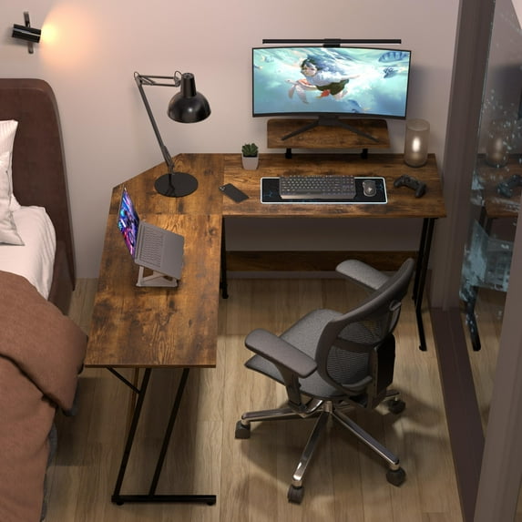 YRLLENSDAN L Shape Gaming Desk Table, 50 Inch Corner PC Gaming Desk with Monitor Stand, L-Shaped Computer Desk Table, Gamer Work Desk for Home Office, Brown