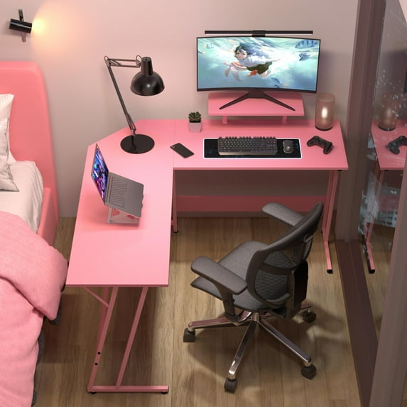 YRLLENSDAN L Shape Gaming Desk Table, 50 Inch Corner PC Gaming Desk with Monitor Stand, L-Shaped Computer Desk Table, Gamer Work Desk for Home Office, Pink
