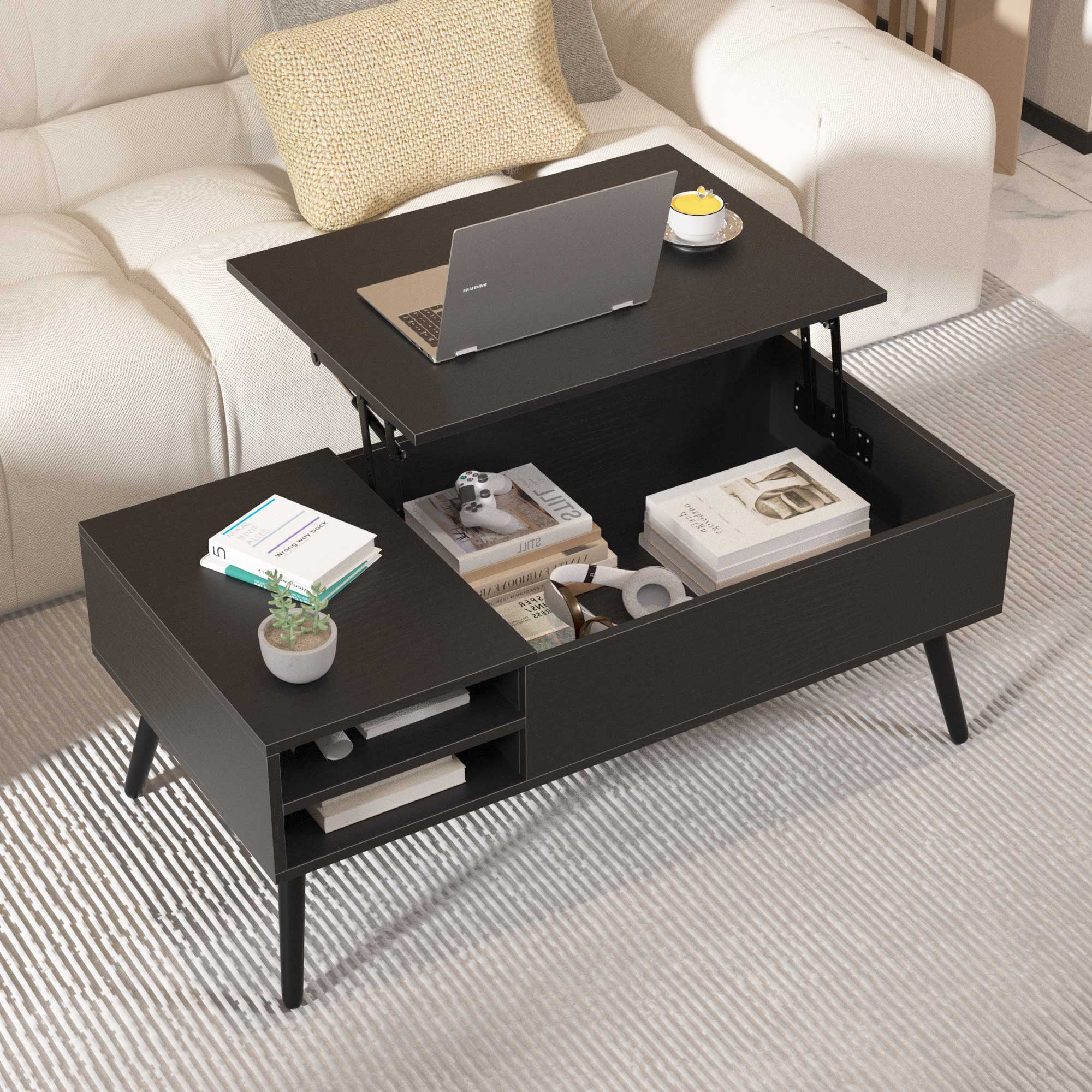 Black MDF Lift-Top Coffee Table with Hidden Storage