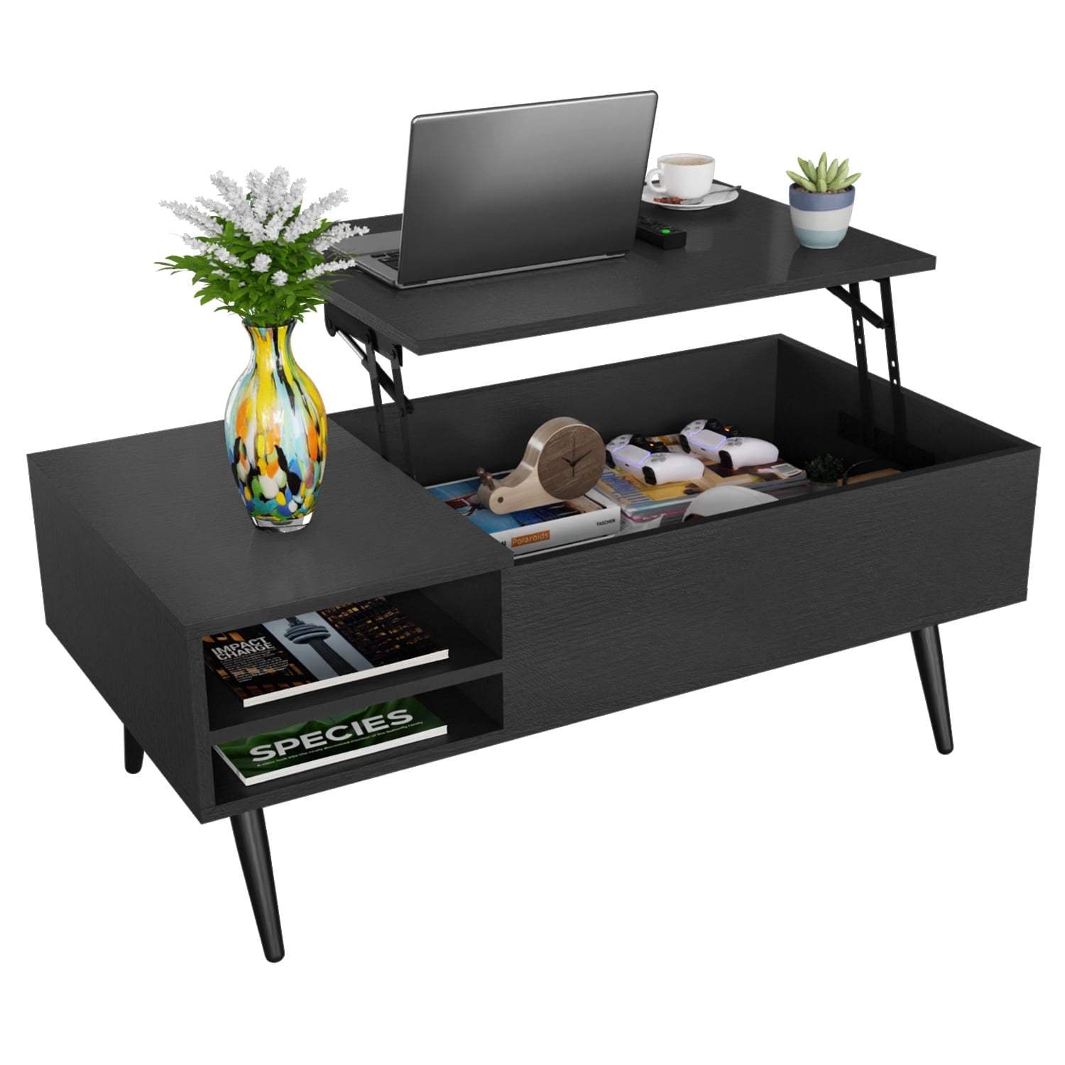 Black MDF Lift-Top Coffee Table with Hidden Storage